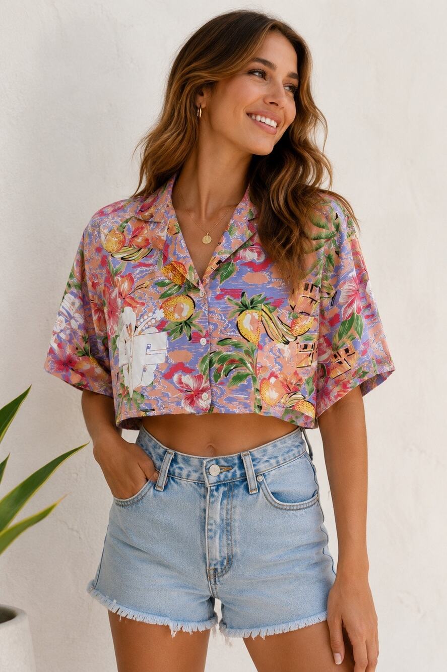 LF Brand Pink Multicolored Hawaiian Floral Cropped Button Down Shirt Size S NWT